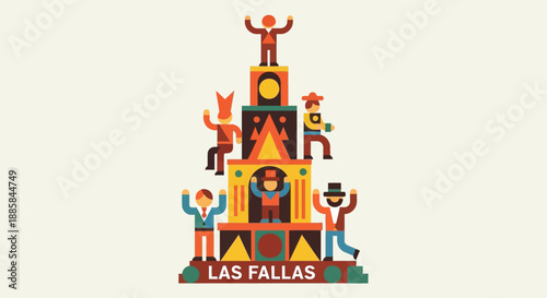 Vibrant illustration of Las Fallas celebration with joyful people and statuesque figures