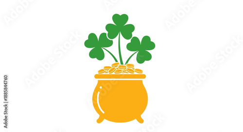 Illustration of a pot of gold overflowing with coins and shamrocks on a white background from a front view