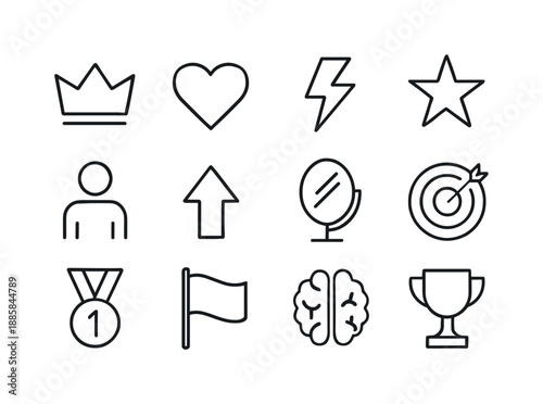 Confidence Icon Set. Confidence. Line icon set of Confidence: crown, heart, lightning bolt, star, person, upward arrow, mirror, goal target, medal, flag,