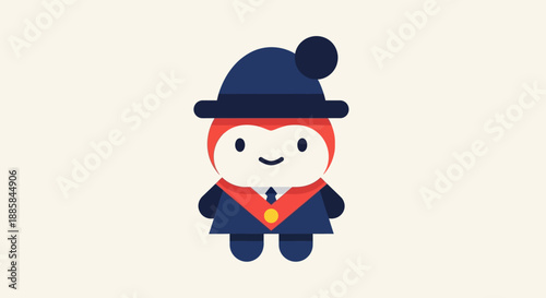 Smiling cartoon character in a blue hat and cloak standing alone on a plain background viewed from the front