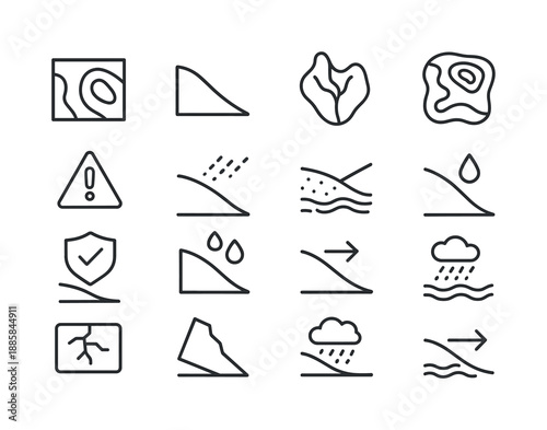 Land Topography Icons. Land. Line icon set of Land: land contour icon, slope gradient, drainage basin, topographic icon, flood zone warning, erosion control