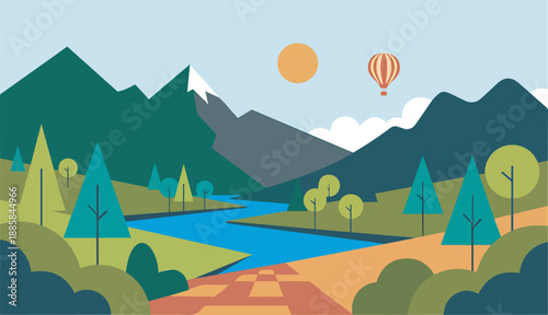 Colorful mountain landscape with river and hot air balloon flight