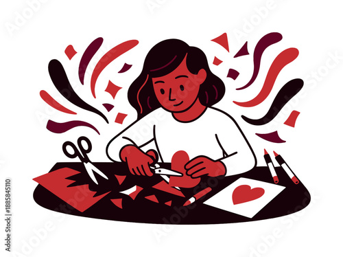 Whimsical Crafting Station. Crafting station. Scissors, paper, and markers surround a focused crafter, colorful scraps floating whimsically. Curved shapes