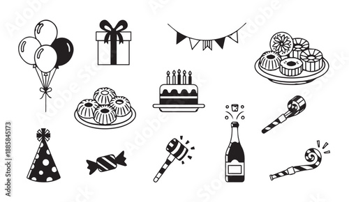 Black and white illustration set of birthday party icons and symbols