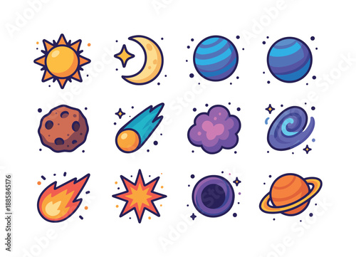 Colorful Celestial Icons. Celestial Bodies. Colorful isometric vector icons set of Celestial Bodies: sun orb, moon phase, bright star, planet sphere, asteroid