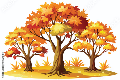 Three bright trees with colorful leaves stand vividly upon a yellow autumn landscape