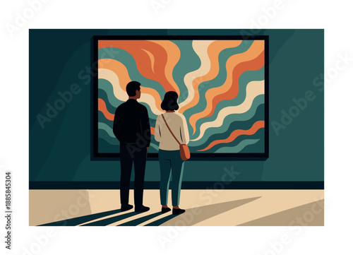 Silent Art Appreciation. Silent appreciation. Two visitors quietly admire a large surreal painting, colors swirling beyond the frame as their shadows stretch