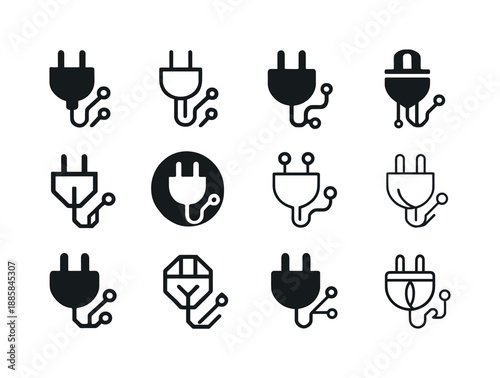 Smart Energy Logos. Smart energy grids. Icon set. Set Logo of Smart energy grids: electric plug and circuit. harmonious logo variations of the same emblematic