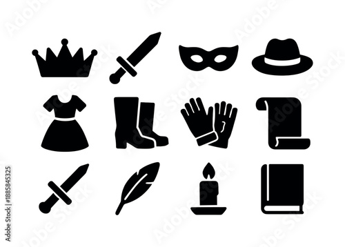 Costume Props Icons. Costume and props. Solid icon set of Costume and props: crown, sword, mask, hat, dress, boots, gloves, scroll, dagger, feather, candle,