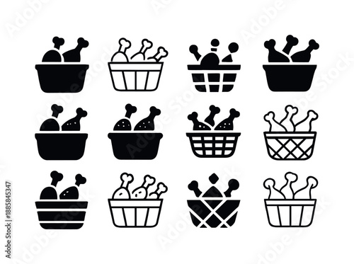 Crispy Chicken Logos. Crispy fried chicken. Icon set. Set Logo of Crispy fried chicken: basket of fried chicken pieces. harmonious logo variations of the same