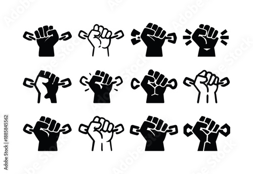 Breaking Chains Logos. Breaking chains in rage. Icon set. Set Logo of Breaking chains in rage: clenched fist breaking bonds. harmonious logo variations of the