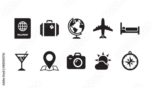 Black vector icons for travel and tourism concepts including passport, luggage, globe, airplane, hotel, cocktail, map pin, camera, weather, and compass.