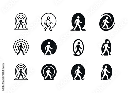 Teleportation Logo Variations. Teleportation and time travel concepts. Icon set. Set Logo of Teleportation and time travel concepts: dimensional tunnel.