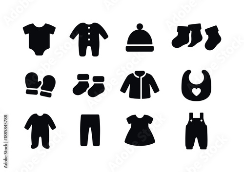 Baby Clothing Icons. Baby clothing. Solid icon set of Baby clothing: onesie, romper, baby hat, socks, mittens, booties, jacket, bib, pajamas, leggings, baby