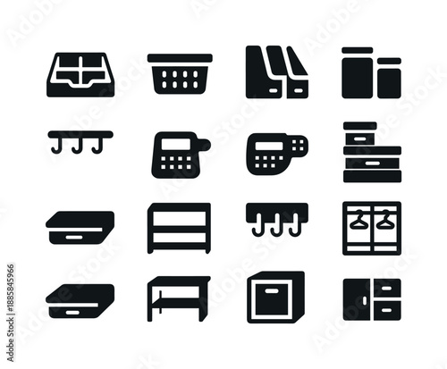Storage Solutions Icons. Storage and organization. Solid icon set of Storage and organization: drawer dividers, basket bin, file organizer, clear containers,