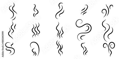 Smoke smell, steam aroma icon vector logo set Vector flat  illustration. Hot vapor fire doodle line logo. Hit stink, coffee, fragrance flame elements.
