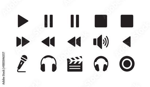 Collection of black video and audio control icons, including play, pause, and volume symbols.