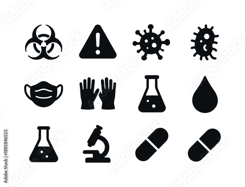 Hazard Warning Icons. Hazard Warning. Solid icon set of Hazard Warning: biohazard sign, exclamation mark, virus, bacteria, spore, mask, gloves, test tube,