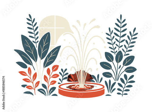 Indoor Biophilic Oasis. Biophilic design and green architecture ? water elements indoors. A small fountain glows amid plant clusters; droplets rise in abstract