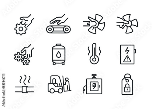 Industrial Hazards Icons. Industrial hazards. Line icon set of industrial hazards: machinery hazard, conveyor belt danger, rotating blade, pinch point,