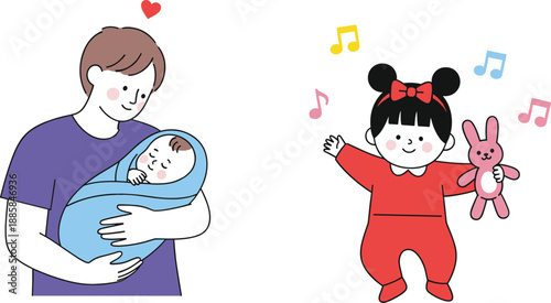 Cute parent and baby cartoon illustration showing loving father holding newborn and happy toddler dancing