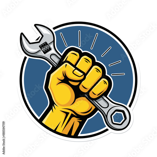 Safety Fist Holding Wrench Sticker Design Vector for Industrial Labor and Maintenance Art
