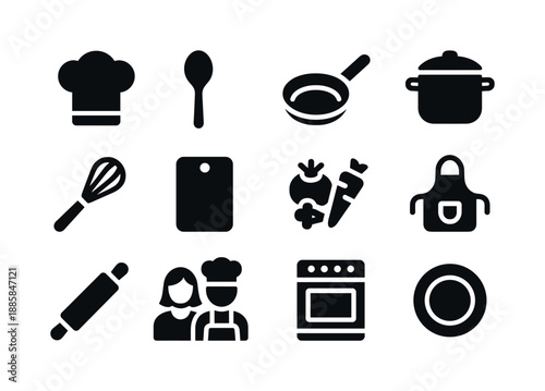 Cooking Icon Set. Cooking together. Solid icon set of Cooking together: chef hat, spoon, pan, pot, whisk, cutting board, vegetables, apron, rolling pin, oven,