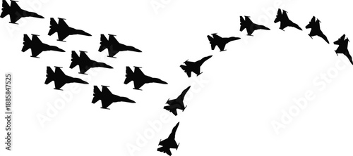 Fighter jet silhouettes curved formation flying, military aircraft aerial maneuver, air force aviation power concept black shadow illustration isolated