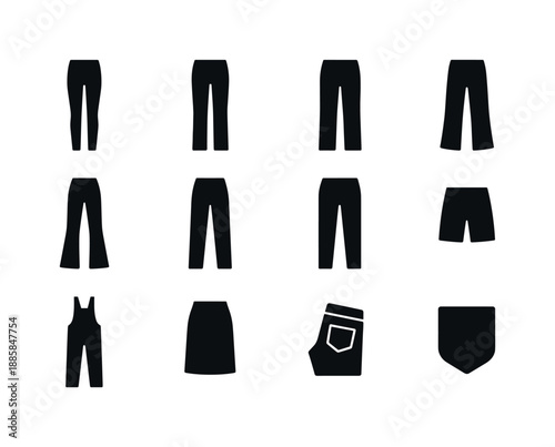 Jeans Silhouette Icons. Jeans silhouettes. Solid icon set of jeans silhouettes: skinny jeans, straight jeans, wide-leg jeans, cropped jeans, flared jeans, mom