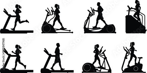 Gym treadmill workout silhouettes set, people running and exercising on fitness machines, cardio training poses, black shadow figures isolated