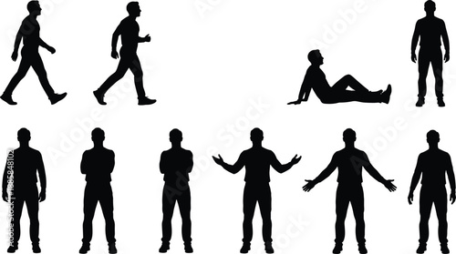 Man silhouette poses collection, male body movements set, walking sitting standing gestures, black shadow people figures isolated on white