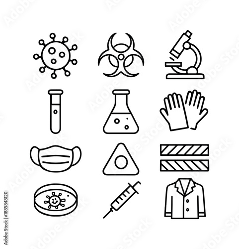 Virus Lab Icons. Virus Laboratory. Line icon set of Virus Laboratory: virus, biohazard symbol, microscope, test tube, flask, gloves, mask, hazard sign,