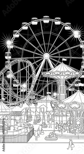 Amusement park with Ferris wheel at night illustration.