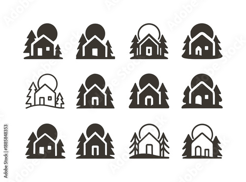 Nomadic Travel Icons. Nomadic travel and tiny house tourism. Icon set. Set Logo of Nomadic travel and tiny house tourism: cabin in nature. harmonious logo