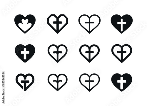 Catholic Mission Logos. Catholic Mission Work. Icon set. Set Logo of Catholic Mission Work: heart and cross symbol. harmonious logo variations of the same