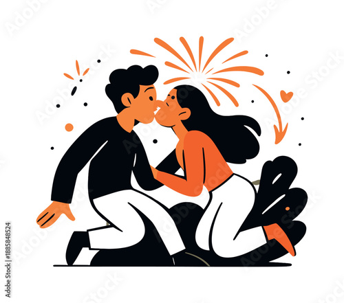 Firework Kiss Moment. Surprise firework kiss. Two figures lean in for a kiss as the first unexpected firework burst lights up the night. The moment glows with