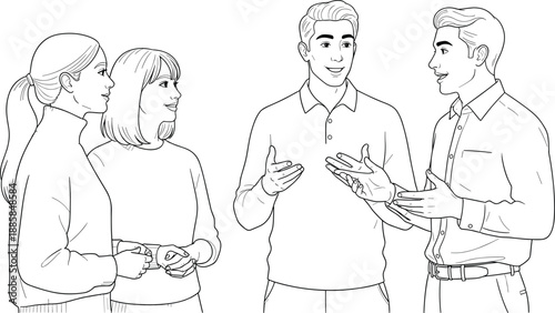 People talking and discussing illustration, friendly group conversation scene, teamwork communication concept, black white line art figures isolated