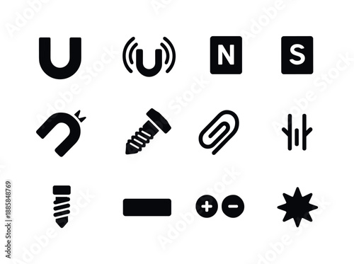 Magnet Icon Collection. Magnet. Solid icon set of magnet: horseshoe magnet, magnetic field lines, N pole mark, S pole mark, magnet spark, metal bolt,