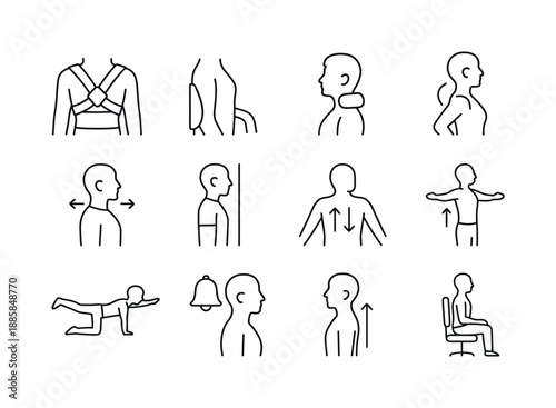 Posture Correction Icons. Postural correction. Line icon set of postural correction: posture brace, lumbar support pillow, neck support pillow, corrective
