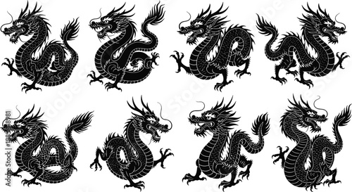 Chinese dragon silhouette collection featuring traditional oriental mythical creatures in dynamic poses isolated for fantasy folklore graphic design use
