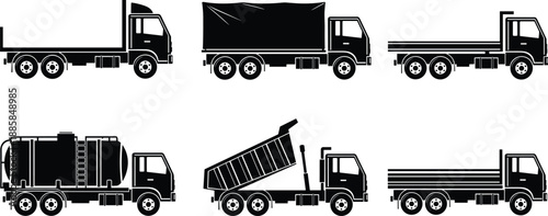 Commercial truck silhouette collection featuring flatbed tarp tanker dump and platform vehicles isolated on white background for logistics transportation design