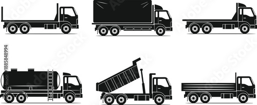 Commercial truck silhouette set featuring flatbed box tanker dump and platform vehicles isolated for logistics transportation industrial design