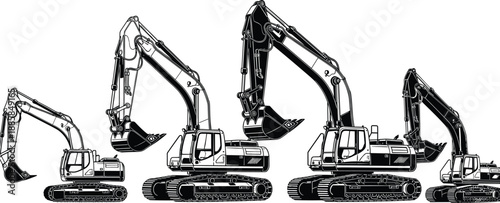 Hydraulic crawler excavator lineup illustration showing construction machinery sizes and digging arm positions isolated for industrial engineering design use