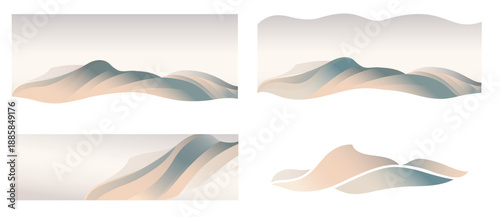 Set of four minimal abstract vector landscape illustrations with pastel gradients and flowing shapes. Layered hills background featuring smooth curves and soft neutral tones.