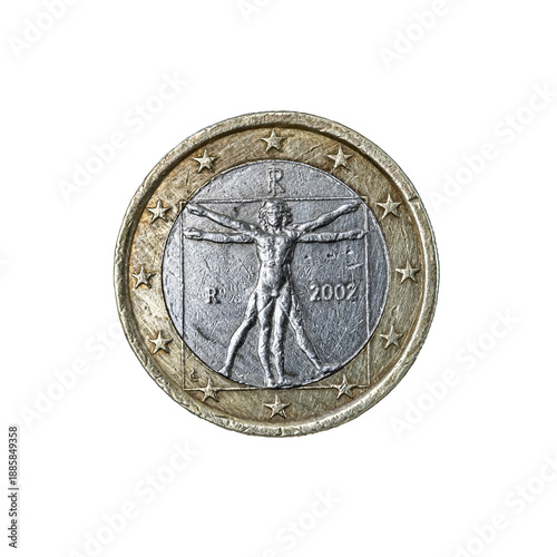 Heads side, obverse/national side of the Italy 2002 1 Euro coin features the Leonardo da Vinci's drawing, the Vitruvian Man  inscribed in a circle and square.The monogram RI and the mint mark R.