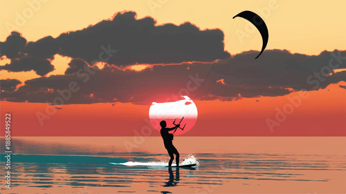 A stylized vector illustration of a kite surfer at sunset (2)_traced