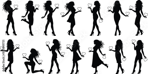 Woman Silhouette Love Heart Romance Romantic Fashion Beauty Elegant Pose Model Girl Female Black White Vector Illustration Design Collection