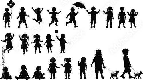 Children silhouette vector set showing kids playing, jumping, walking dogs, holding balloons and umbrellas, childhood fun activities collection, happy lifestyle scenes, black illustration