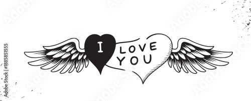 Two joined hearts with elegant wings and the words I Love You creating a romantic sentiment