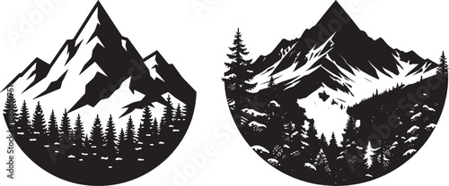 Two black silhouette illustrations of majestic mountains with pine trees in a circular frame, evoking adventure and nature.